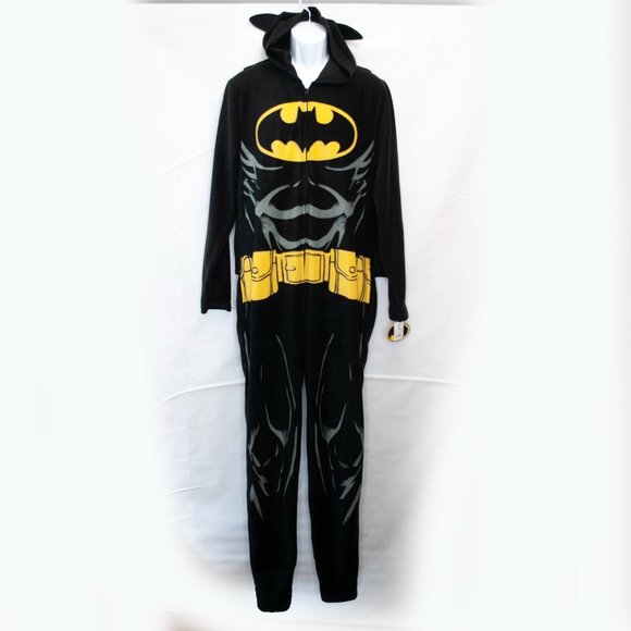 Batman Other - NEW Batman Fleece One Piece PJ Men Medium M Pajama Cape Hoodie Sleep Wear CC11X